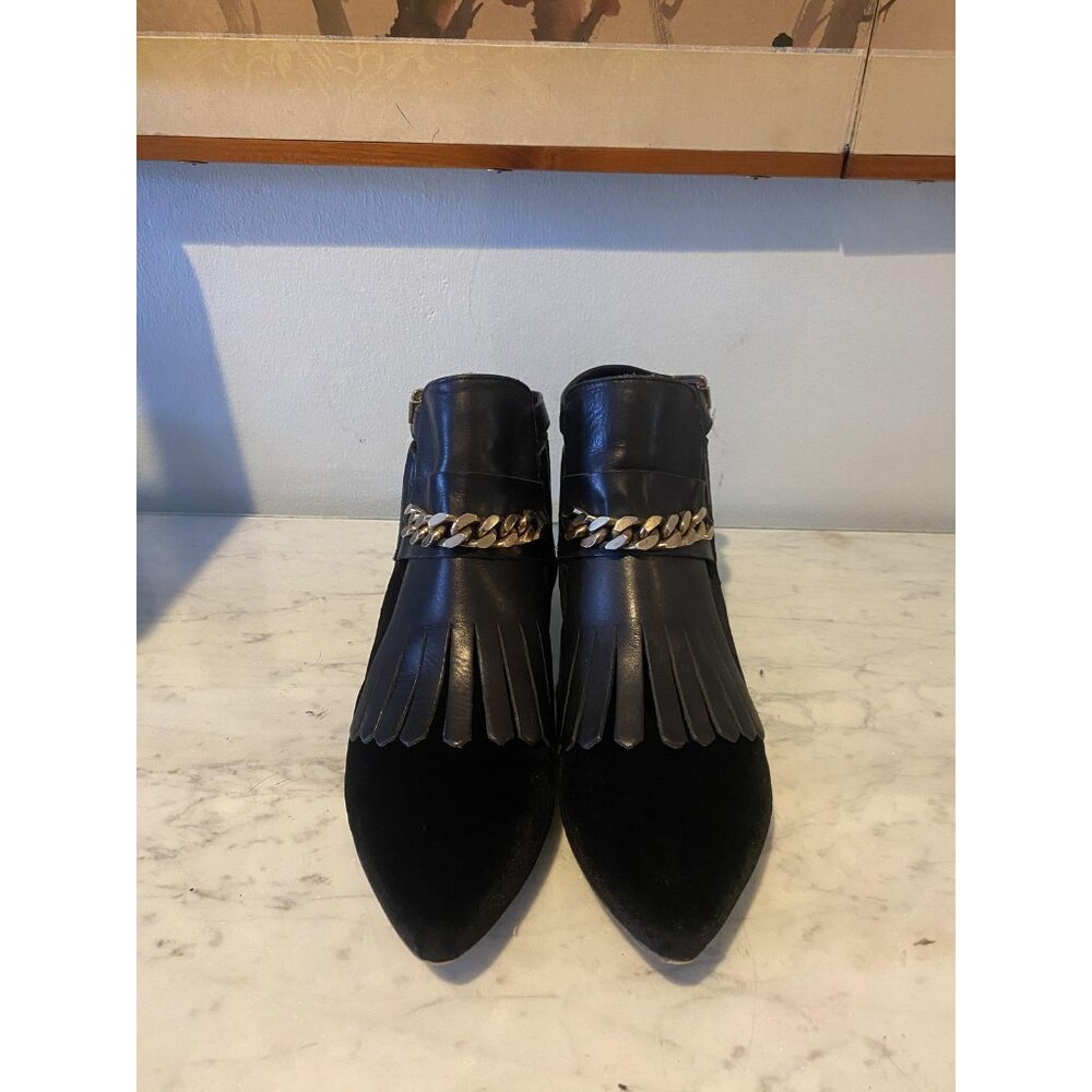 Chiara Ferragni Boots Womens Size 9 Black Leather Suede Fringe Chain Ankle Flat - Picture 3 of 7